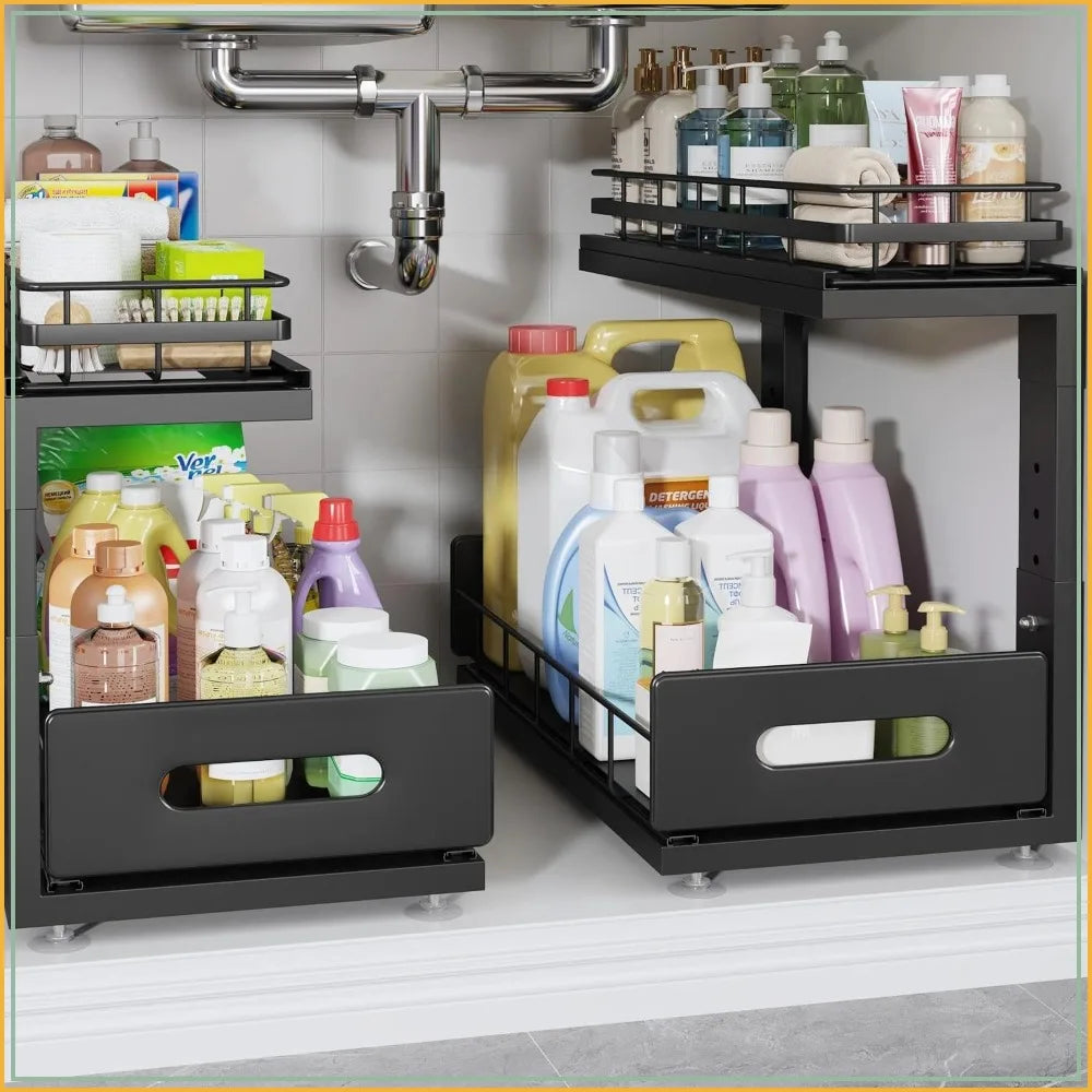 Under Sink Organizer Upgrade To Professional Rails, 2-Tier Dual Pull Out Cabinet Storage, Height Adjustable Slide Out Drawers For Bathroom Kitchen, 2 Pack-16.7"Dx12.8"-16.9"H