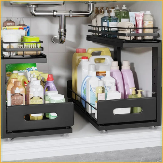 Under Sink Organizer Upgrade To Professional Rails, 2-Tier Dual Pull Out Cabinet Storage, Height Adjustable Slide Out Drawers For Bathroom Kitchen, 2 Pack-16.7"Dx12.8"-16.9"H