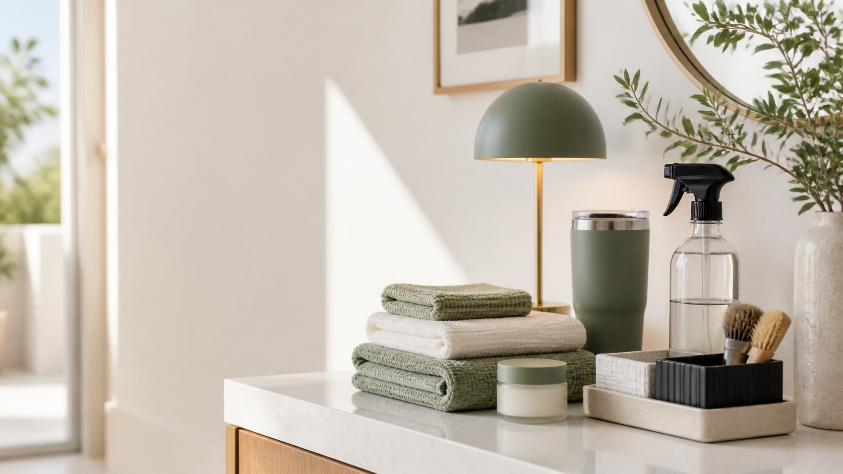Useful everyday home, beauty, and organization products on a clean counter